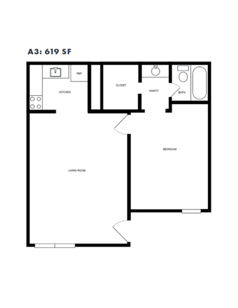 Floor plan for 1 bed, 1 bath, 619 sqft
